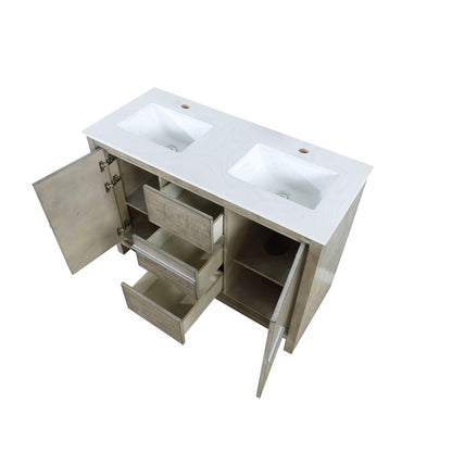 Lafarre 48" Rustic Acacia Double Bathroom Vanity, White Quartz Top, White Square Sink, and Monte Chrome Faucet Set.  Available with 43" Frameless Mirror, Faucet Set with Pop-Up Drain and P-Trap - The Bath Vanities