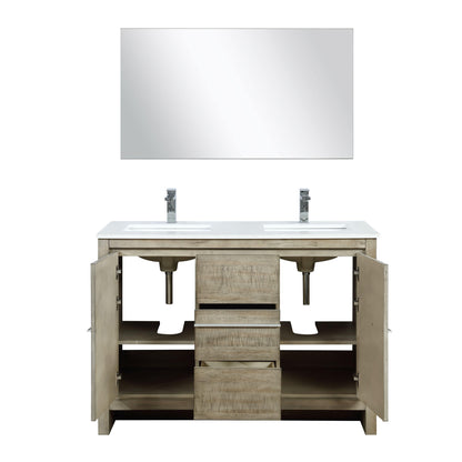 Lafarre 48" Rustic Acacia Double Bathroom Vanity, White Quartz Top, White Square Sink, and Monte Chrome Faucet Set.  Available with 43" Frameless Mirror, Faucet Set with Pop-Up Drain and P-Trap - The Bath Vanities