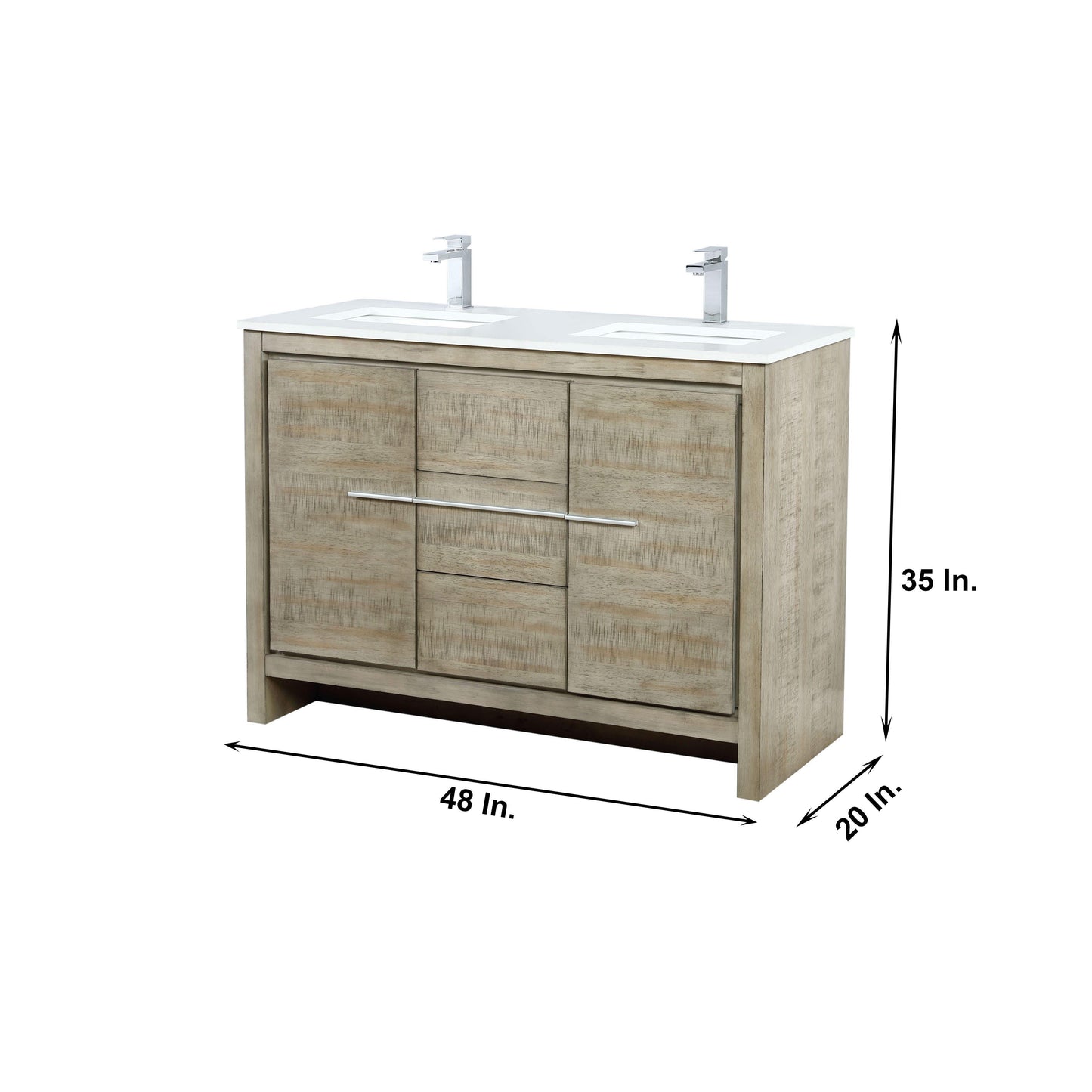 Lafarre 48" Rustic Acacia Double Bathroom Vanity, White Quartz Top, White Square Sink, and Monte Chrome Faucet Set.  Available with 43" Frameless Mirror, Faucet Set with Pop-Up Drain and P-Trap - The Bath Vanities