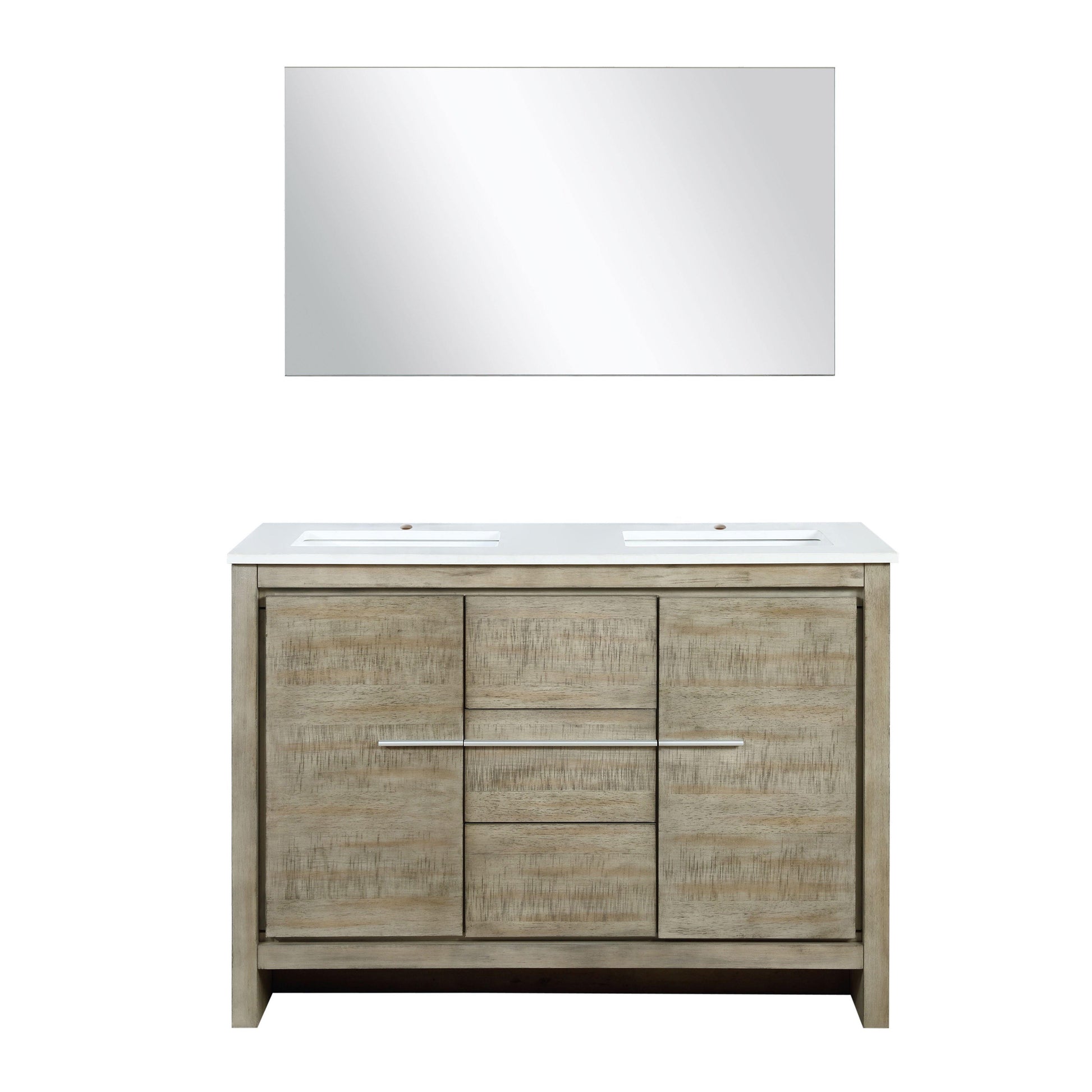 Lafarre 48" Rustic Acacia Double Bathroom Vanity, White Quartz Top, White Square Sink, and Monte Chrome Faucet Set.  Available with 43" Frameless Mirror, Faucet Set with Pop-Up Drain and P-Trap - The Bath Vanities