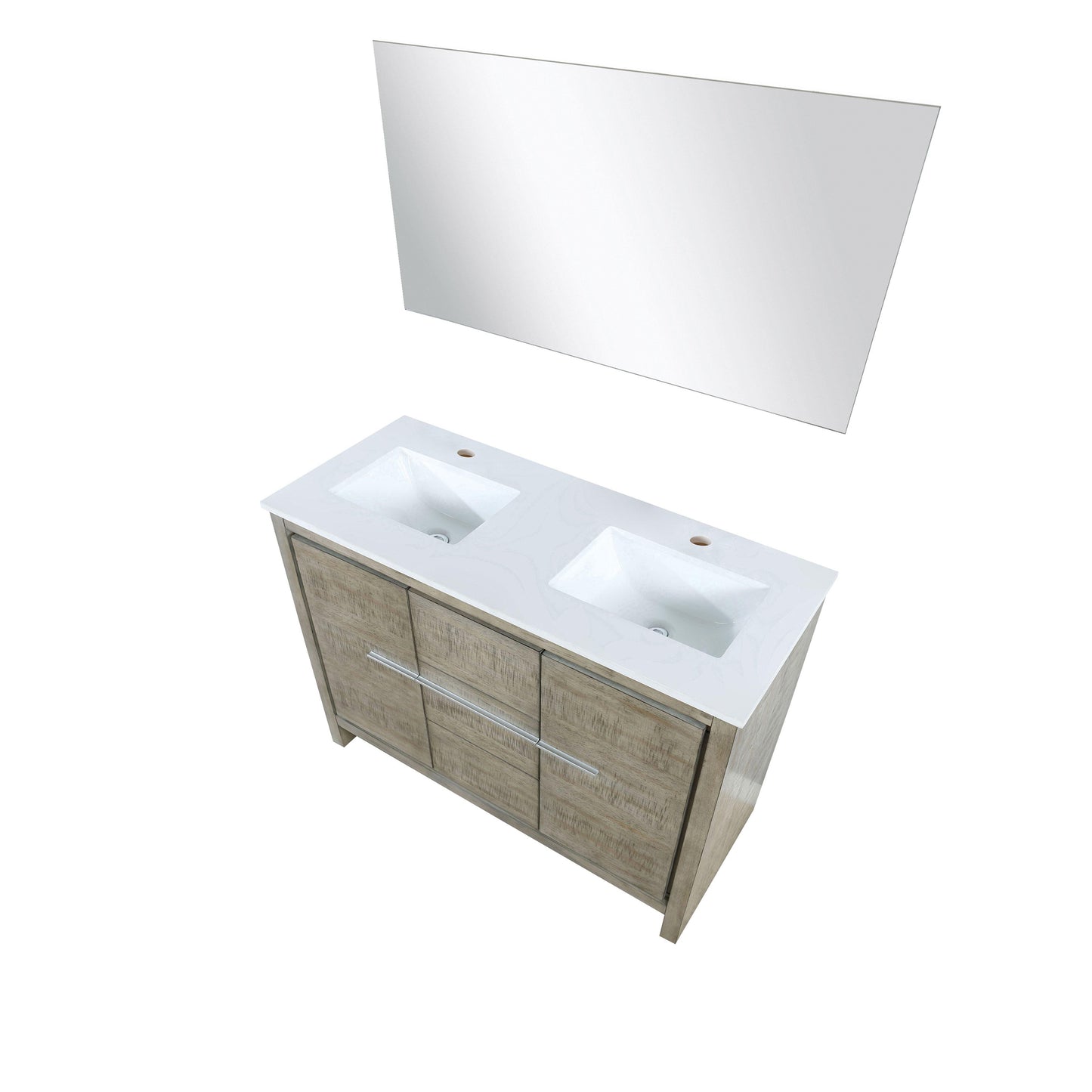 Lafarre 48" Rustic Acacia Double Bathroom Vanity, White Quartz Top, White Square Sink, and Monte Chrome Faucet Set.  Available with 43" Frameless Mirror, Faucet Set with Pop-Up Drain and P-Trap - The Bath Vanities