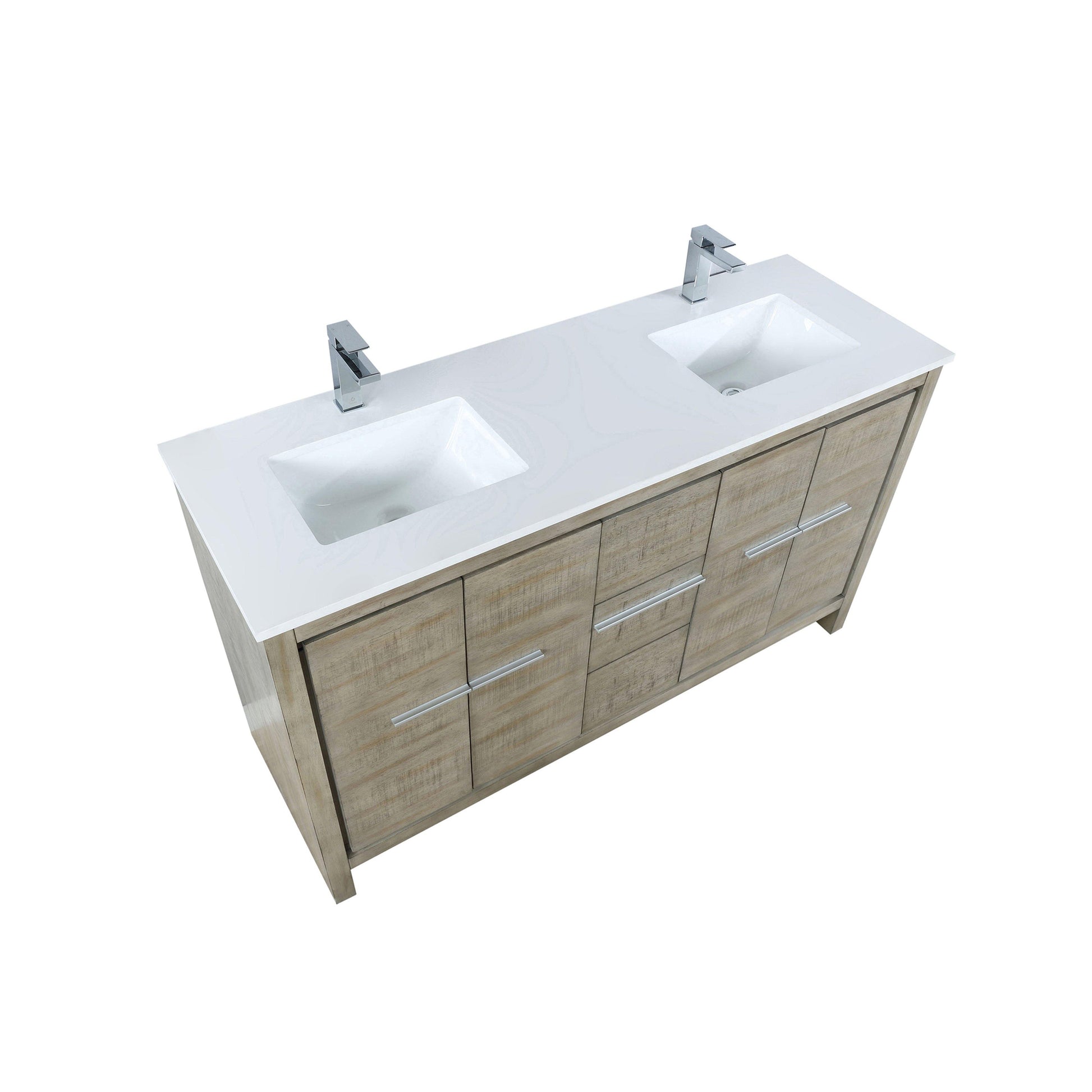 Lafarre 60" Rustic Acacia Bathroom Vanity, White Quartz Top, White Square Sink, and Monte Chrome Faucet Set. Available with 55" Frameless Mirror, Faucet Set with Pop-Up Drain and P-Trap - The Bath Vanities