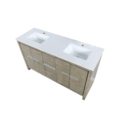 Lafarre 60" Rustic Acacia Bathroom Vanity, White Quartz Top, White Square Sink, and Monte Chrome Faucet Set. Available with 55" Frameless Mirror, Faucet Set with Pop-Up Drain and P-Trap - The Bath Vanities