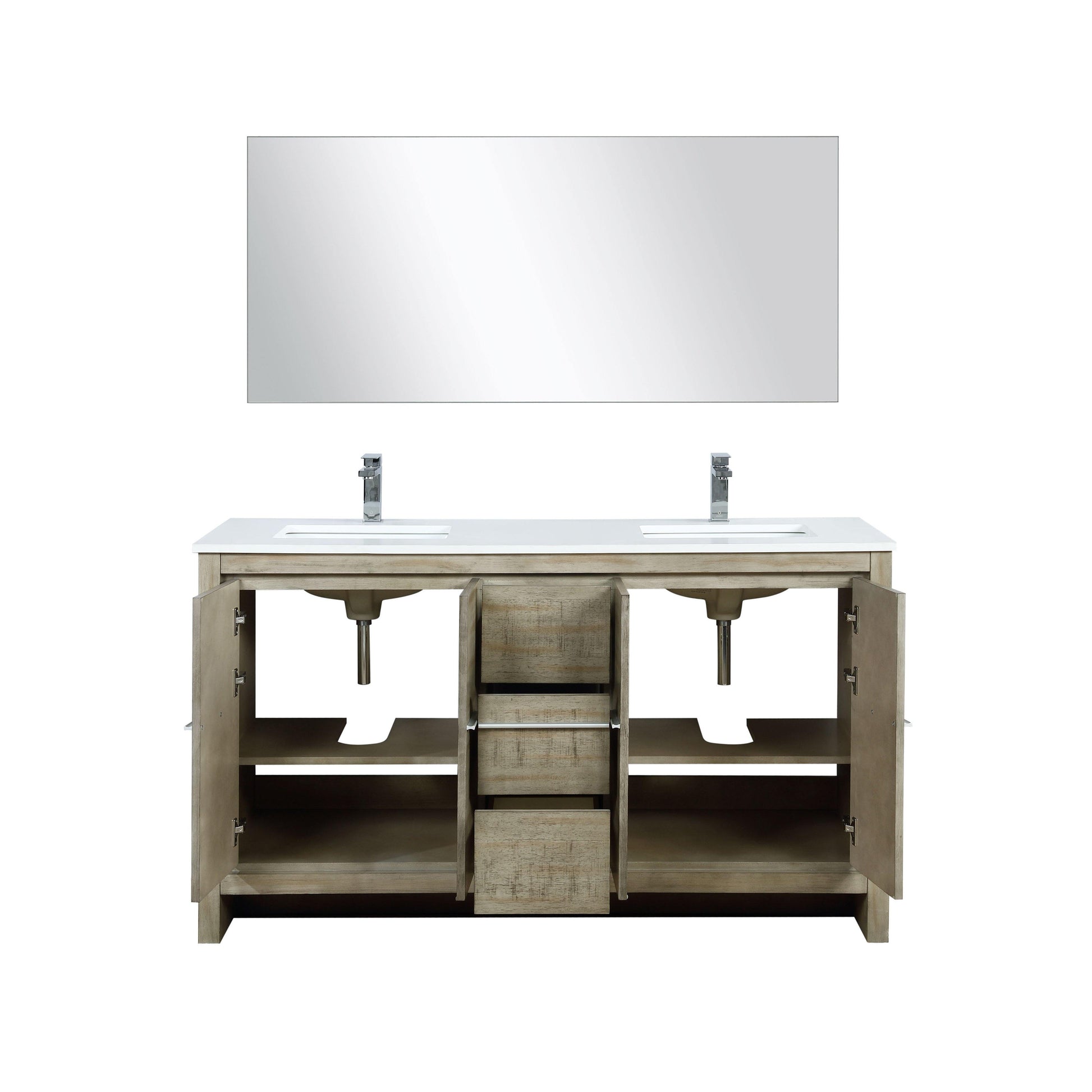 Lafarre 60" Rustic Acacia Bathroom Vanity, White Quartz Top, White Square Sink, and Monte Chrome Faucet Set. Available with 55" Frameless Mirror, Faucet Set with Pop-Up Drain and P-Trap - The Bath Vanities