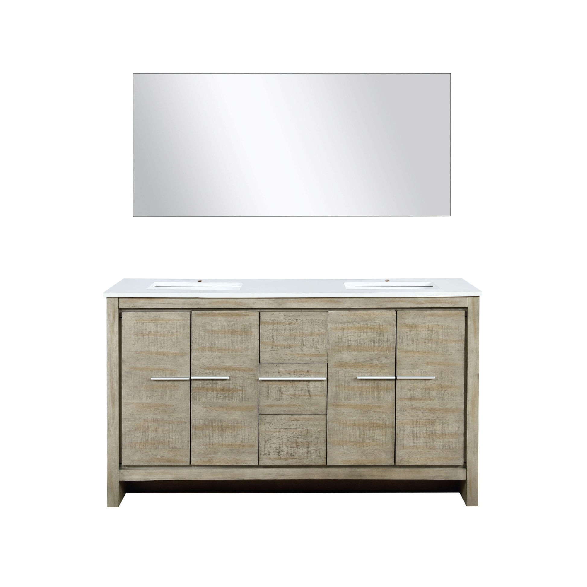 Lafarre 60" Rustic Acacia Bathroom Vanity, White Quartz Top, White Square Sink, and Monte Chrome Faucet Set. Available with 55" Frameless Mirror, Faucet Set with Pop-Up Drain and P-Trap - The Bath Vanities