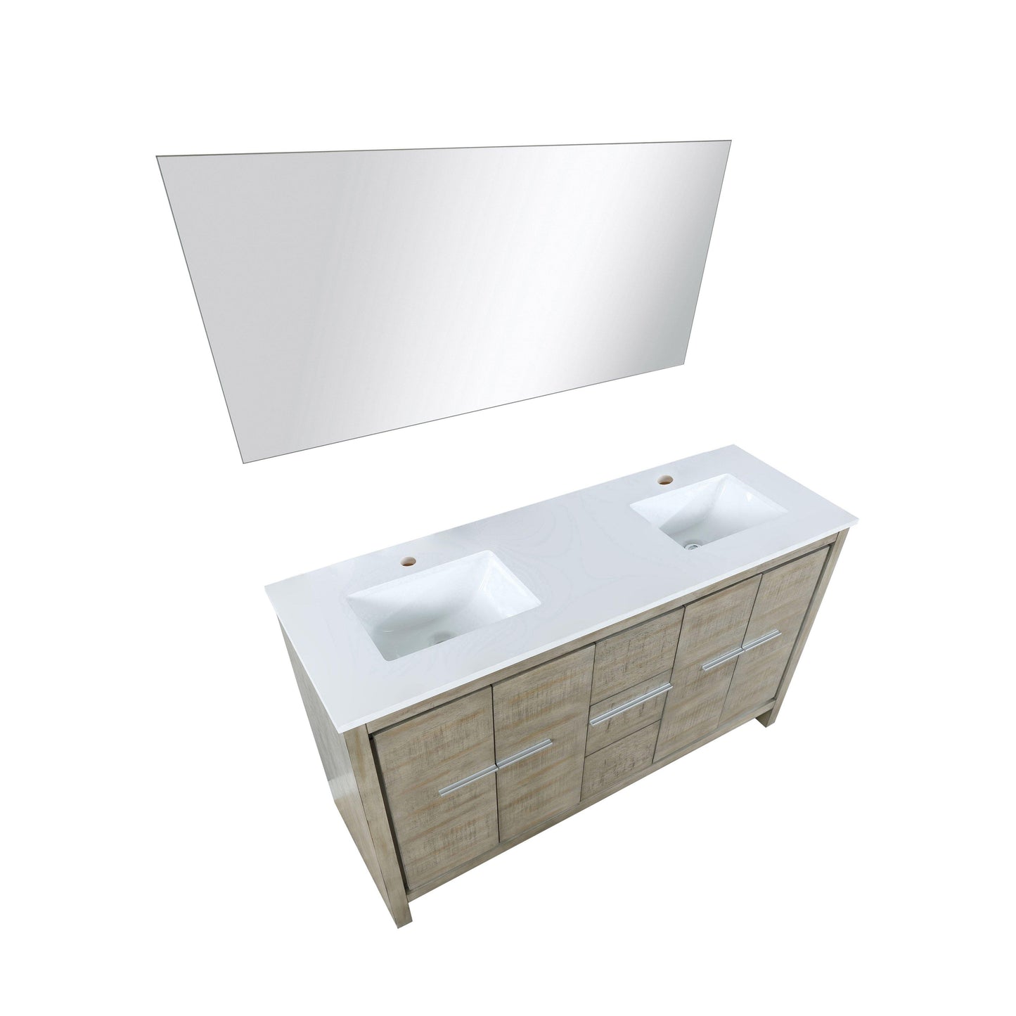 Lafarre 60" Rustic Acacia Bathroom Vanity, White Quartz Top, White Square Sink, and Monte Chrome Faucet Set. Available with 55" Frameless Mirror, Faucet Set with Pop-Up Drain and P-Trap - The Bath Vanities