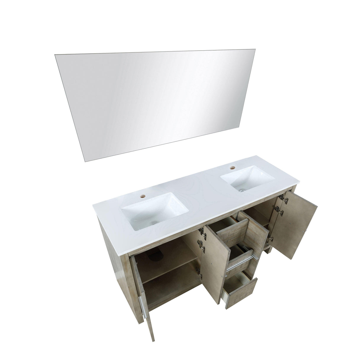 Lafarre 60" Rustic Acacia Bathroom Vanity, White Quartz Top, White Square Sink, and Monte Chrome Faucet Set. Available with 55" Frameless Mirror, Faucet Set with Pop-Up Drain and P-Trap - The Bath Vanities