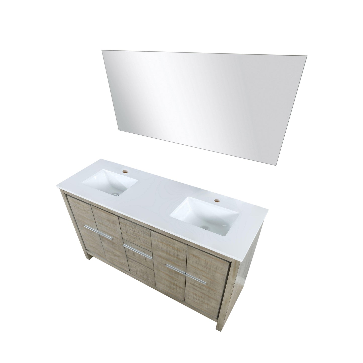 Lafarre 60" Rustic Acacia Bathroom Vanity, White Quartz Top, White Square Sink, and Monte Chrome Faucet Set. Available with 55" Frameless Mirror, Faucet Set with Pop-Up Drain and P-Trap - The Bath Vanities