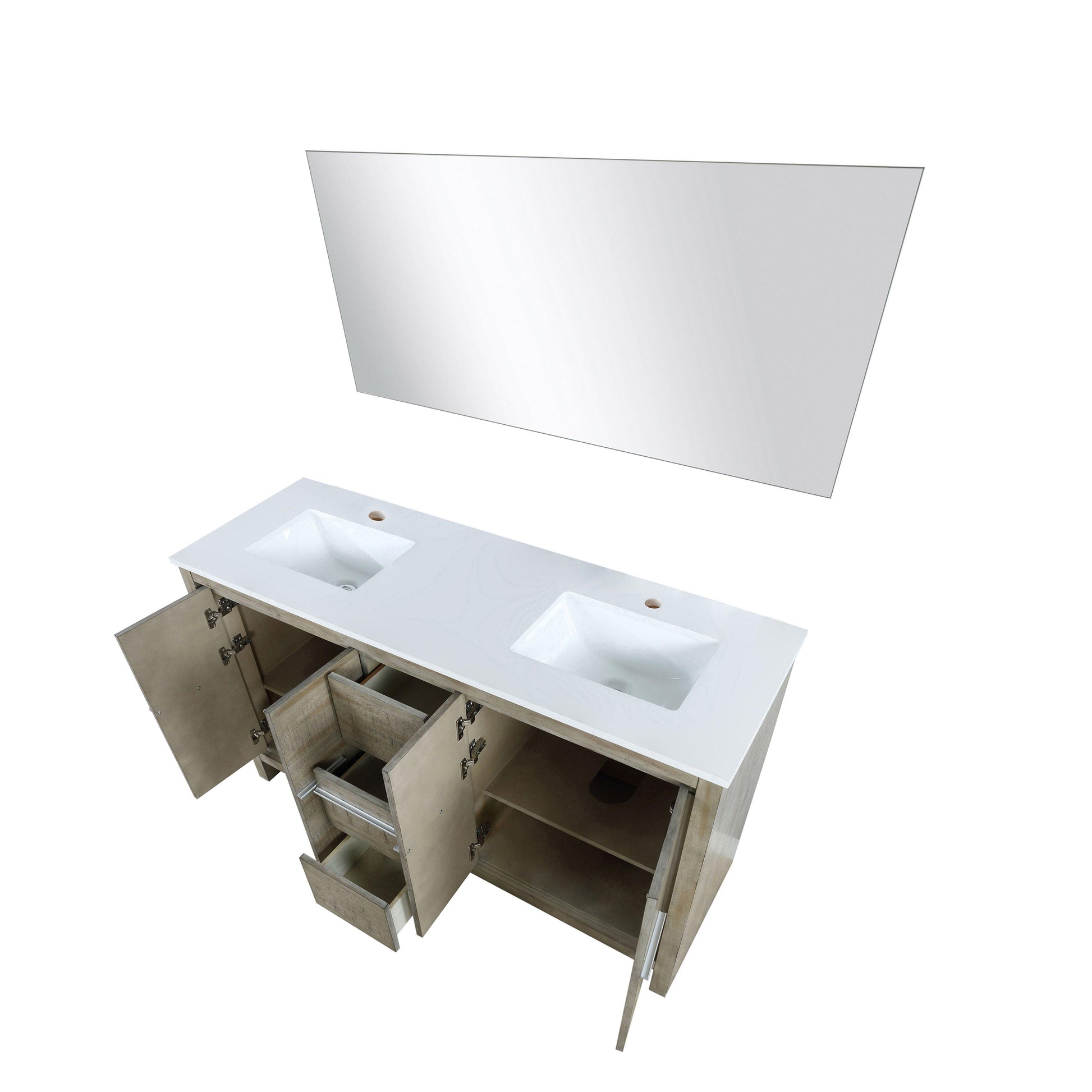 Lafarre 60" Rustic Acacia Bathroom Vanity, White Quartz Top, White Square Sink, and Monte Chrome Faucet Set. Available with 55" Frameless Mirror, Faucet Set with Pop-Up Drain and P-Trap - The Bath Vanities