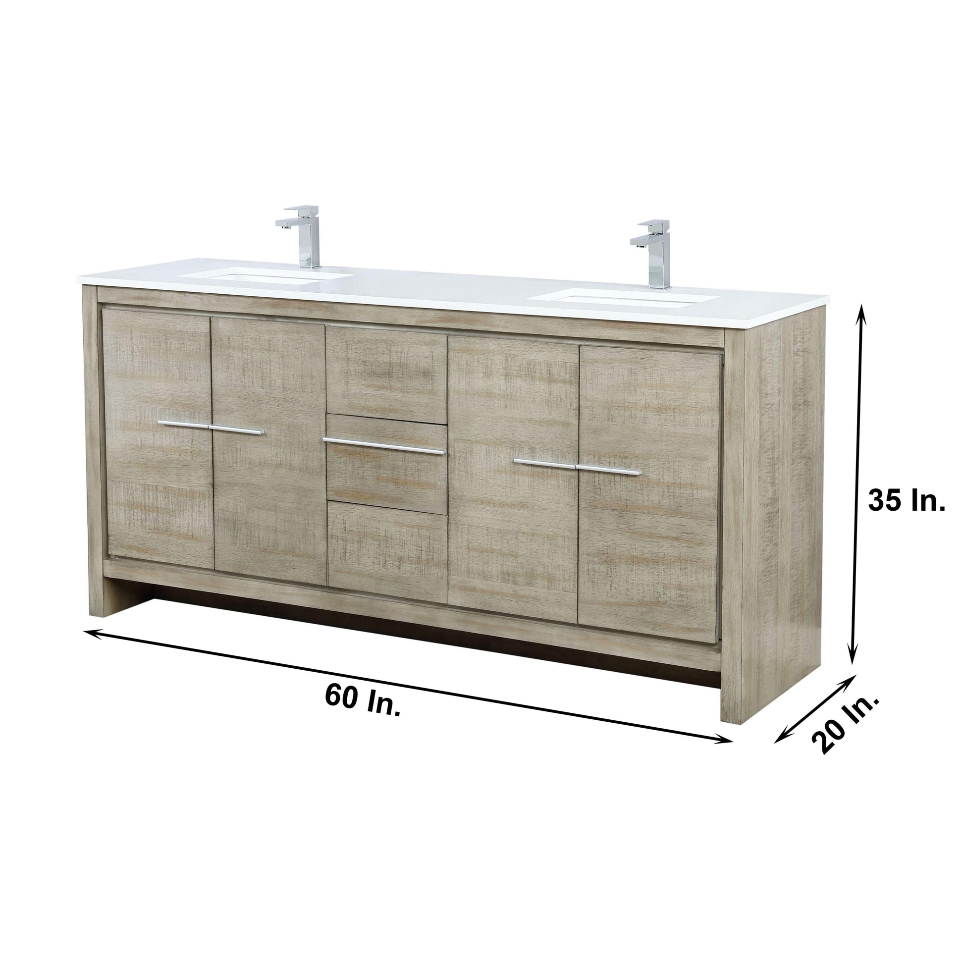 Lafarre 72" Rustic Acacia Bathroom Vanity, White Quartz Top, White Square Sink, and Monte Chrome Faucet Set.  Available with 70" Frameless Mirror, Faucet Set with Pop-Up Drain and P-Trap - The Bath Vanities