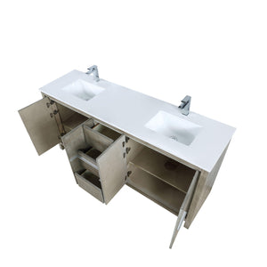 Lafarre 72" Rustic Acacia Bathroom Vanity, White Quartz Top, White Square Sink, and Monte Chrome Faucet Set.  Available with 70" Frameless Mirror, Faucet Set with Pop-Up Drain and P-Trap - The Bath Vanities