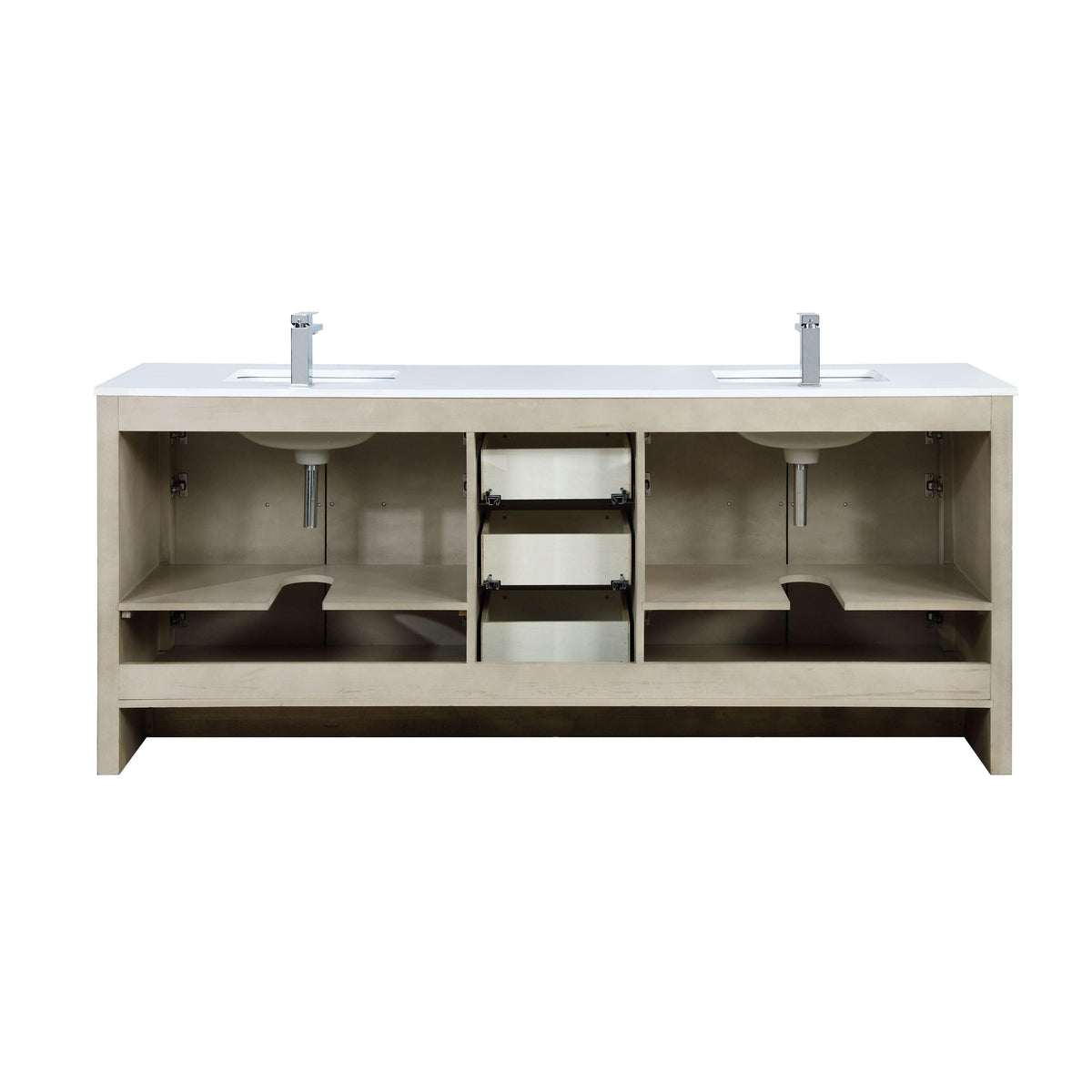 Lafarre 80" Rustic Acacia Bathroom Vanity, White Quartz Top, White Square Sink, and Monte Chrome Faucet Set.  Available with 70" Frameless Mirror, Faucet Set with Pop-Up Drain and P-Trap - The Bath Vanities