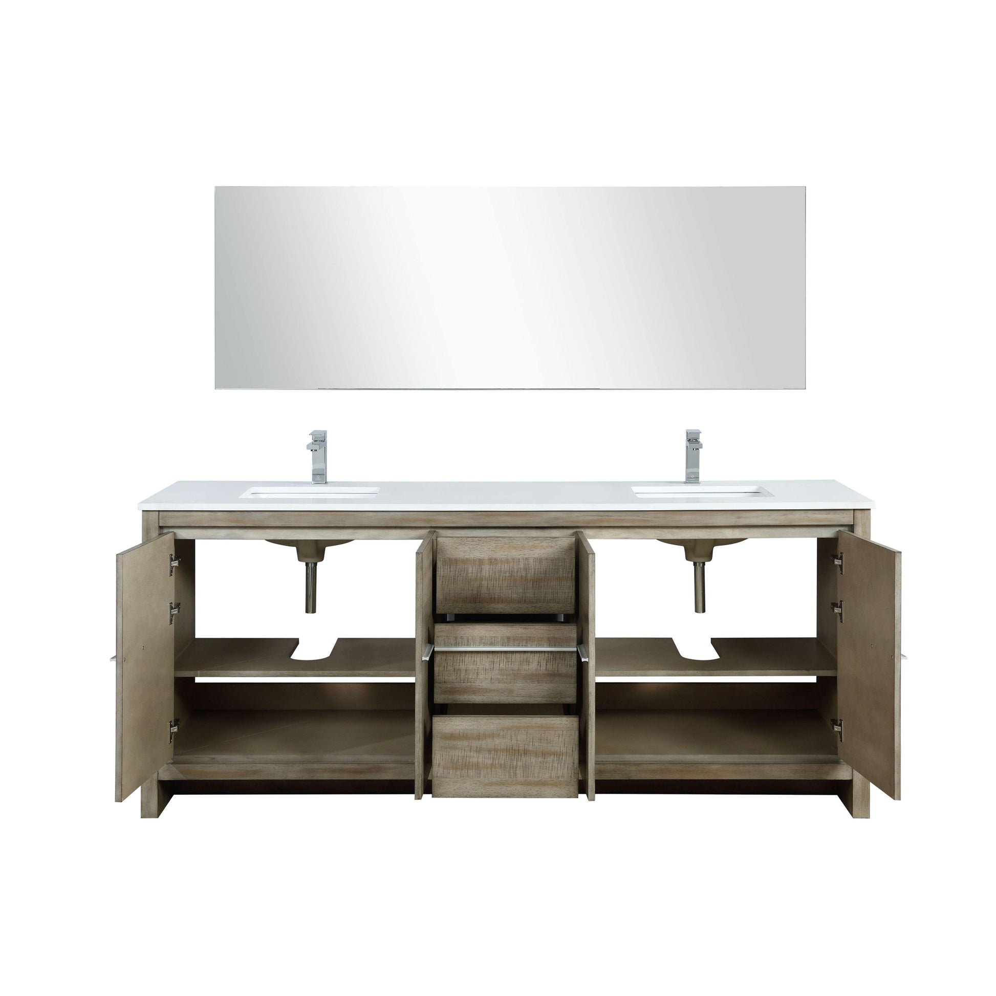 Lafarre 80" Rustic Acacia Bathroom Vanity, White Quartz Top, White Square Sink, and Monte Chrome Faucet Set.  Available with 70" Frameless Mirror, Faucet Set with Pop-Up Drain and P-Trap - The Bath Vanities