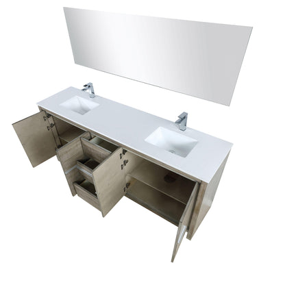 Lafarre 80" Rustic Acacia Bathroom Vanity, White Quartz Top, White Square Sink, and Monte Chrome Faucet Set.  Available with 70" Frameless Mirror, Faucet Set with Pop-Up Drain and P-Trap - The Bath Vanities