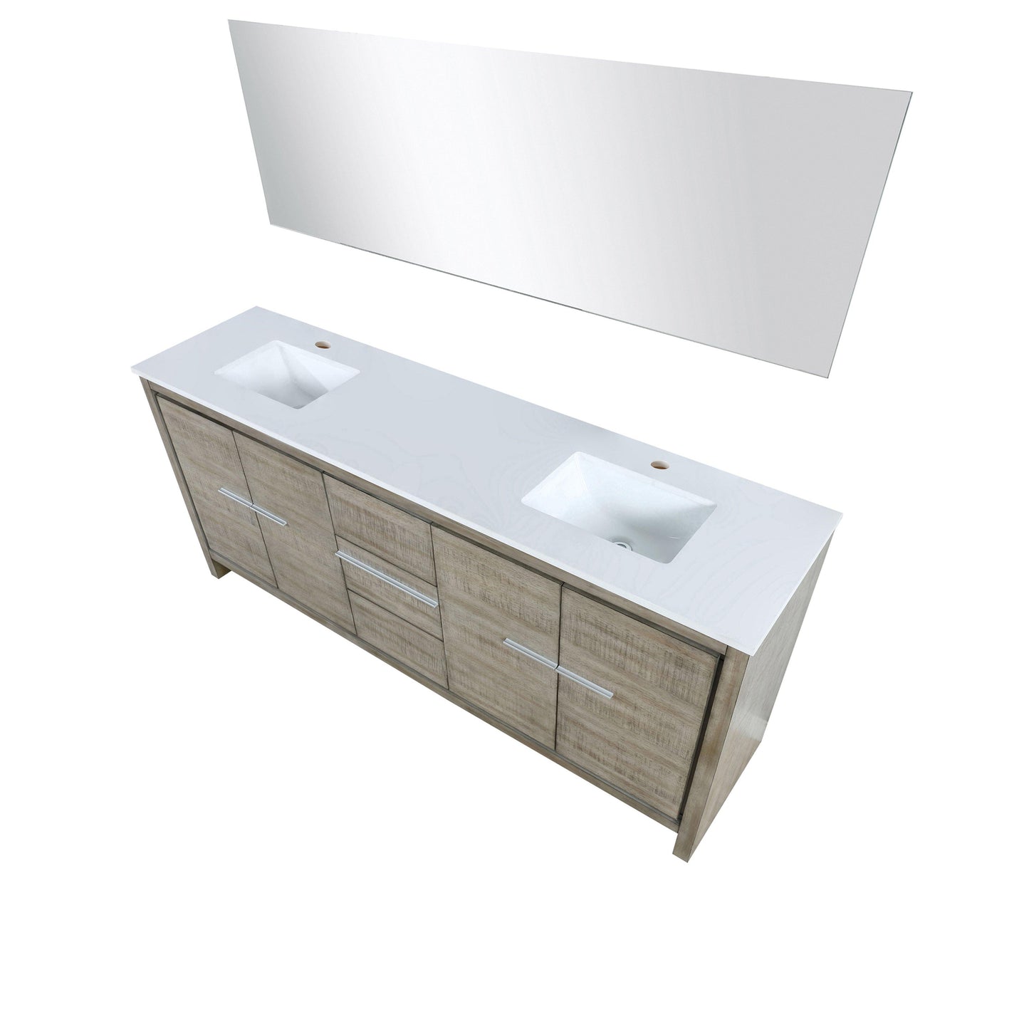 Lafarre 80" Rustic Acacia Bathroom Vanity, White Quartz Top, White Square Sink, and Monte Chrome Faucet Set.  Available with 70" Frameless Mirror, Faucet Set with Pop-Up Drain and P-Trap - The Bath Vanities