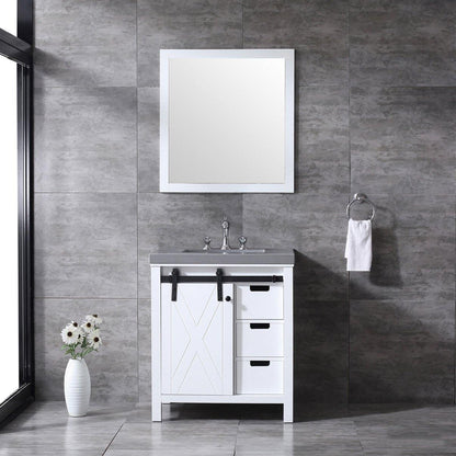 Marsyas 30"  White, Dark Grey, Brown, Rustic Brown, Ash Grey Single Vanity, Available with White Carrara Marble Top and Quartz Top, White Square Sink, 28" Mirror and Faucet - The Bath Vanities