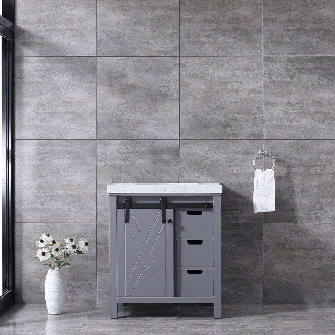 Marsyas 30"  White, Dark Grey, Brown, Rustic Brown, Ash Grey Single Vanity, Available with White Carrara Marble Top and Quartz Top, White Square Sink, 28" Mirror and Faucet - The Bath Vanities