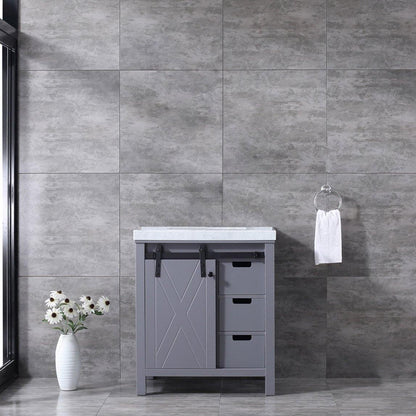 Marsyas 30"  White, Dark Grey, Brown, Rustic Brown, Ash Grey Single Vanity, Available with White Carrara Marble Top and Quartz Top, White Square Sink, 28" Mirror and Faucet - The Bath Vanities