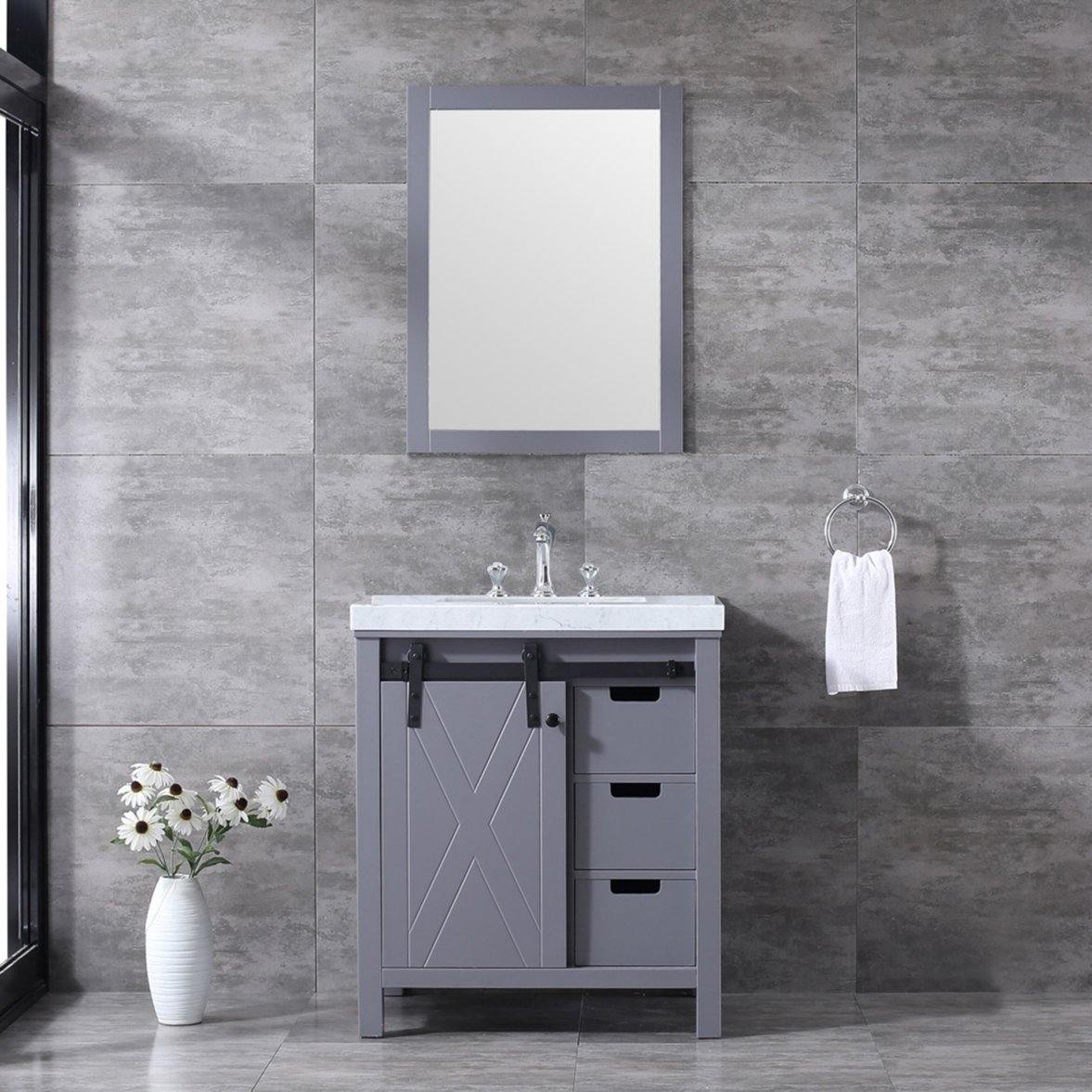 Marsyas 30"  White, Dark Grey, Brown, Rustic Brown, Ash Grey Single Vanity, Available with White Carrara Marble Top and Quartz Top, White Square Sink, 28" Mirror and Faucet - The Bath Vanities