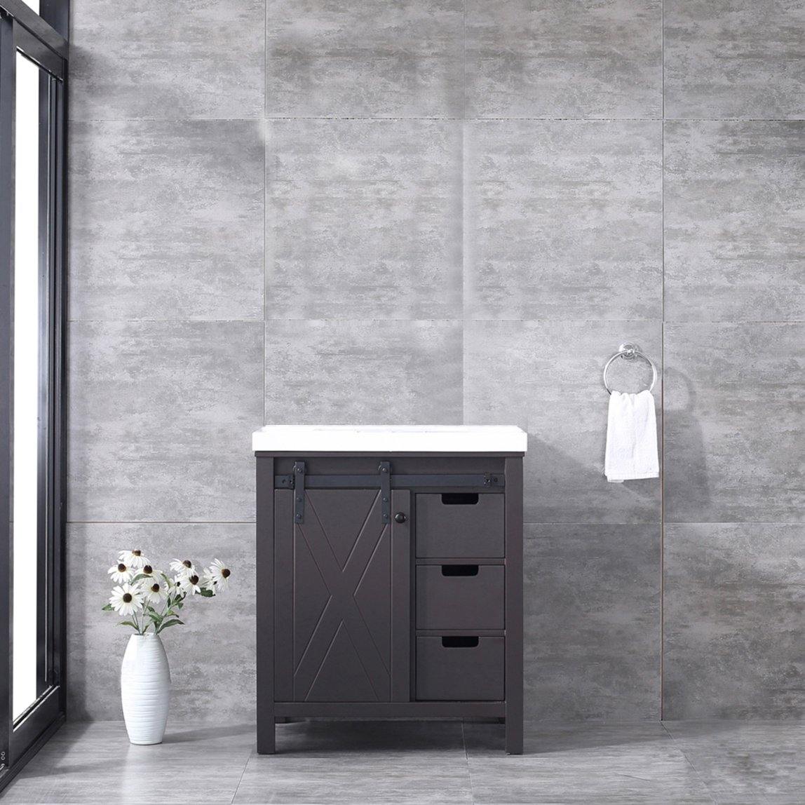 Marsyas 30"  White, Dark Grey, Brown, Rustic Brown, Ash Grey Single Vanity, Available with White Carrara Marble Top and Quartz Top, White Square Sink, 28" Mirror and Faucet - The Bath Vanities