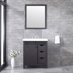 Marsyas 30"  White, Dark Grey, Brown, Rustic Brown, Ash Grey Single Vanity, Available with White Carrara Marble Top and Quartz Top, White Square Sink, 28" Mirror and Faucet - The Bath Vanities
