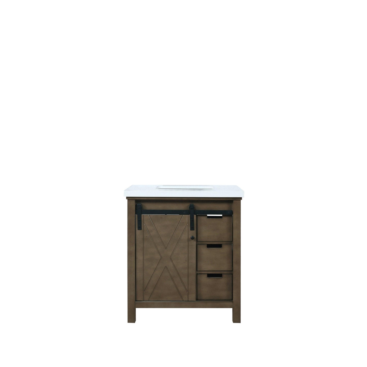 Marsyas 30"  White, Dark Grey, Brown, Rustic Brown, Ash Grey Single Vanity, Available with White Carrara Marble Top and Quartz Top, White Square Sink, 28" Mirror and Faucet - The Bath Vanities