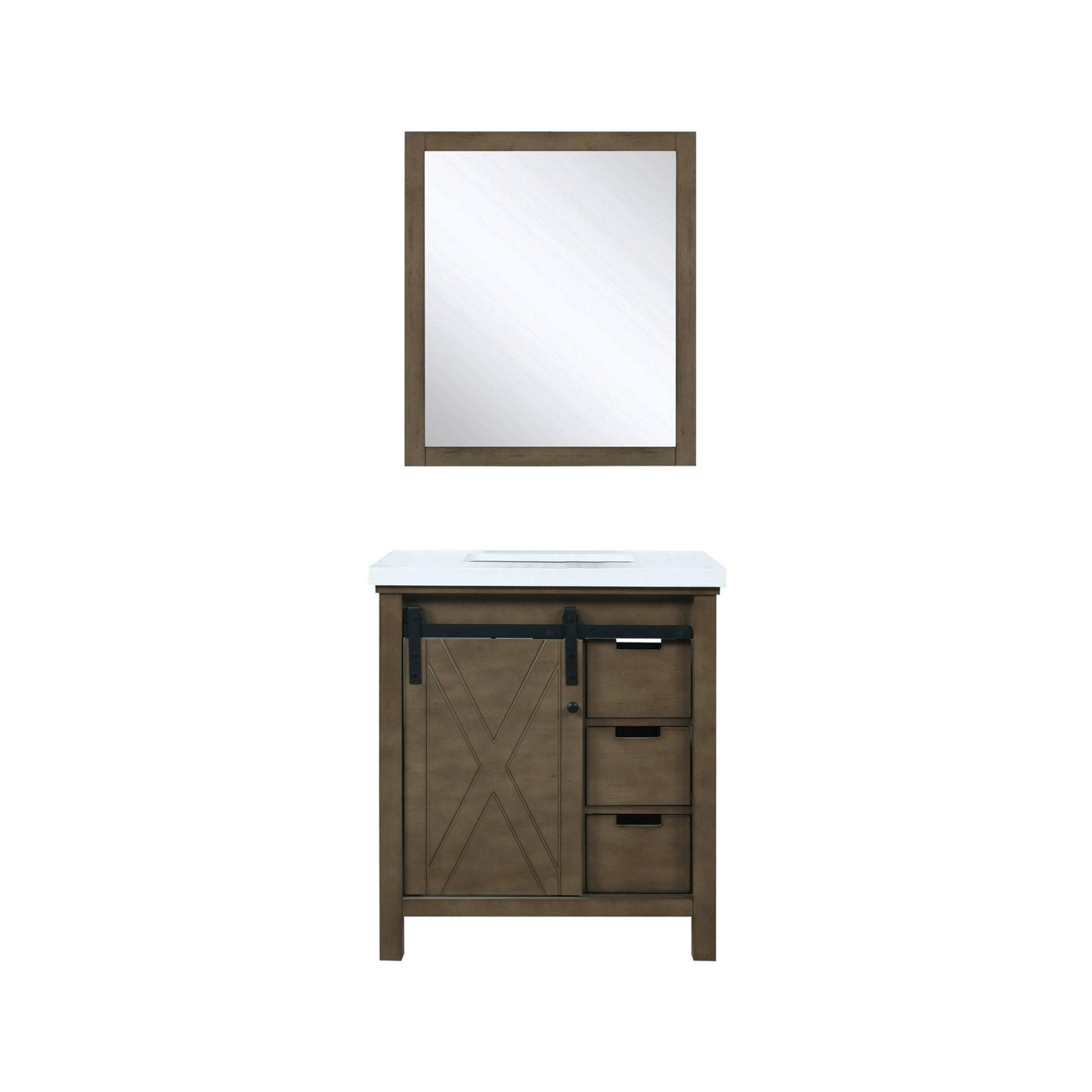 Marsyas 30"  White, Dark Grey, Brown, Rustic Brown, Ash Grey Single Vanity, Available with White Carrara Marble Top and Quartz Top, White Square Sink, 28" Mirror and Faucet - The Bath Vanities