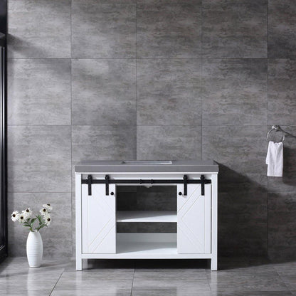 Marsyas 48" White, Dark Grey, Brown, Rustic Brown, Ash Grey Single Vanity, Available with White Carrara Marble Top and Quartz Top, White Square Sink, 44" Mirror and Faucet - The Bath Vanities