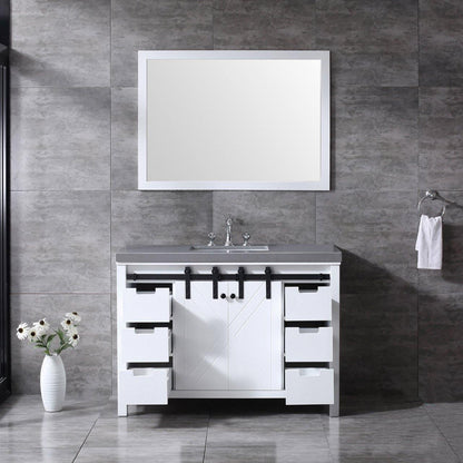 Marsyas 48" White, Dark Grey, Brown, Rustic Brown, Ash Grey Single Vanity, Available with White Carrara Marble Top and Quartz Top, White Square Sink, 44" Mirror and Faucet - The Bath Vanities