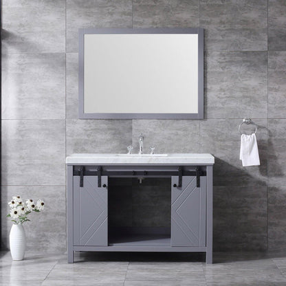 Marsyas 48" White, Dark Grey, Brown, Rustic Brown, Ash Grey Single Vanity, Available with White Carrara Marble Top and Quartz Top, White Square Sink, 44" Mirror and Faucet - The Bath Vanities