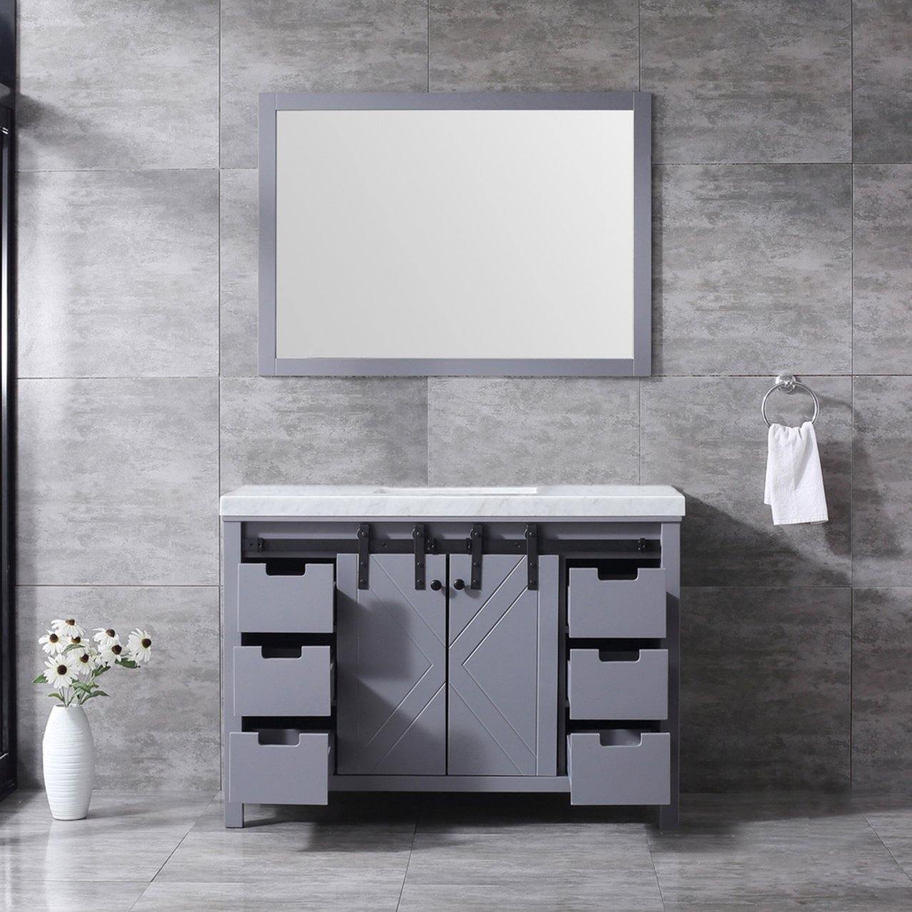 Marsyas 48" White, Dark Grey, Brown, Rustic Brown, Ash Grey Single Vanity, Available with White Carrara Marble Top and Quartz Top, White Square Sink, 44" Mirror and Faucet - The Bath Vanities