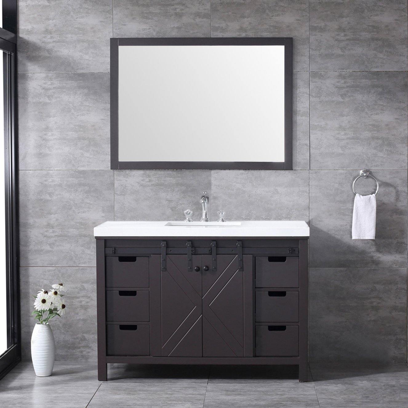 Marsyas 48" White, Dark Grey, Brown, Rustic Brown, Ash Grey Single Vanity, Available with White Carrara Marble Top and Quartz Top, White Square Sink, 44" Mirror and Faucet - The Bath Vanities