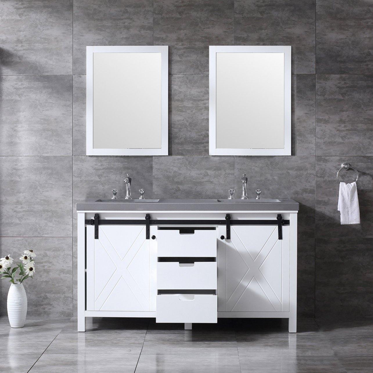 Marsyas 60" White, Dark Grey, Brown, Rustic Brown, Ash Grey Double Vanity, Available with White Carrara Marble Top and Quartz Top, White Square Sink, 24" Mirror and Faucet - The Bath Vanities