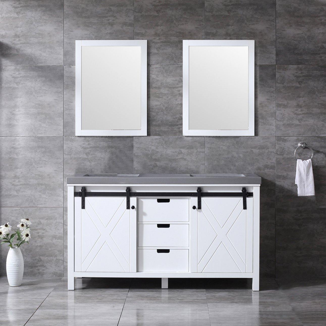 Marsyas 60" White, Dark Grey, Brown, Rustic Brown, Ash Grey Double Vanity, Available with White Carrara Marble Top and Quartz Top, White Square Sink, 24" Mirror and Faucet - The Bath Vanities