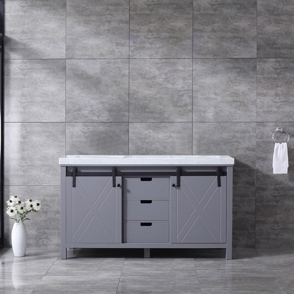 Marsyas 60" White, Dark Grey, Brown, Rustic Brown, Ash Grey Double Vanity, Available with White Carrara Marble Top and Quartz Top, White Square Sink, 24" Mirror and Faucet - The Bath Vanities