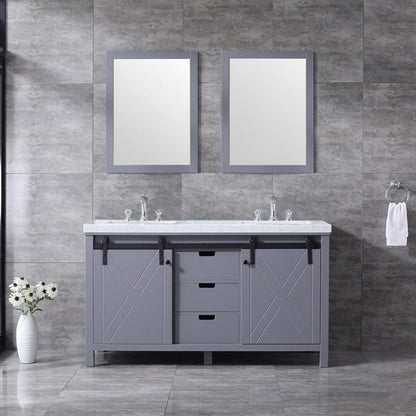 Marsyas 60" White, Dark Grey, Brown, Rustic Brown, Ash Grey Double Vanity, Available with White Carrara Marble Top and Quartz Top, White Square Sink, 24" Mirror and Faucet - The Bath Vanities