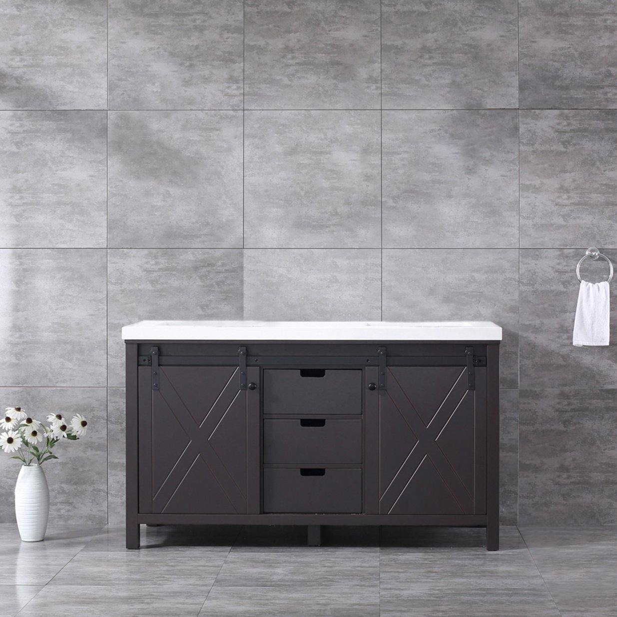 Marsyas 60" White, Dark Grey, Brown, Rustic Brown, Ash Grey Double Vanity, Available with White Carrara Marble Top and Quartz Top, White Square Sink, 24" Mirror and Faucet - The Bath Vanities