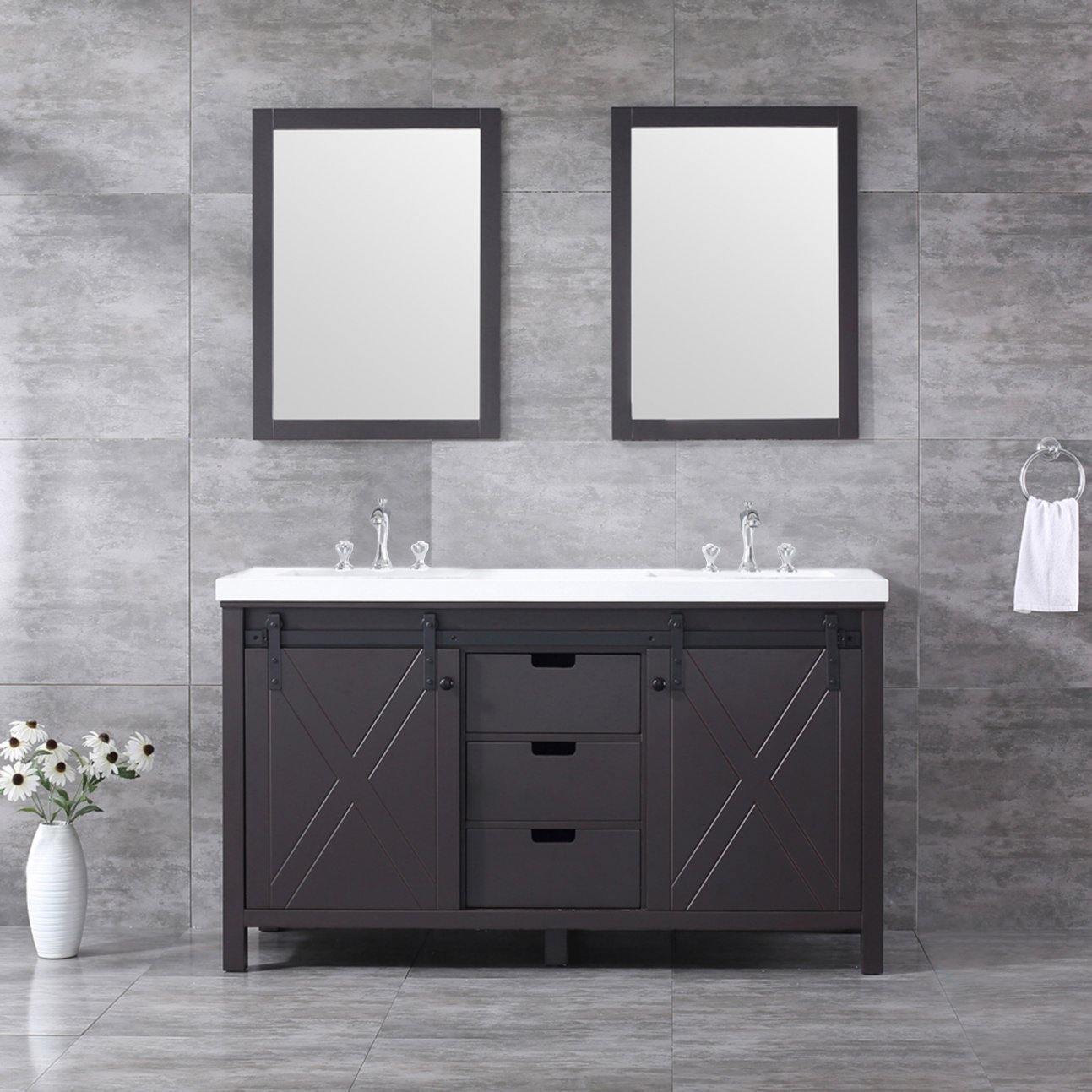 Marsyas 60" White, Dark Grey, Brown, Rustic Brown, Ash Grey Double Vanity, Available with White Carrara Marble Top and Quartz Top, White Square Sink, 24" Mirror and Faucet - The Bath Vanities