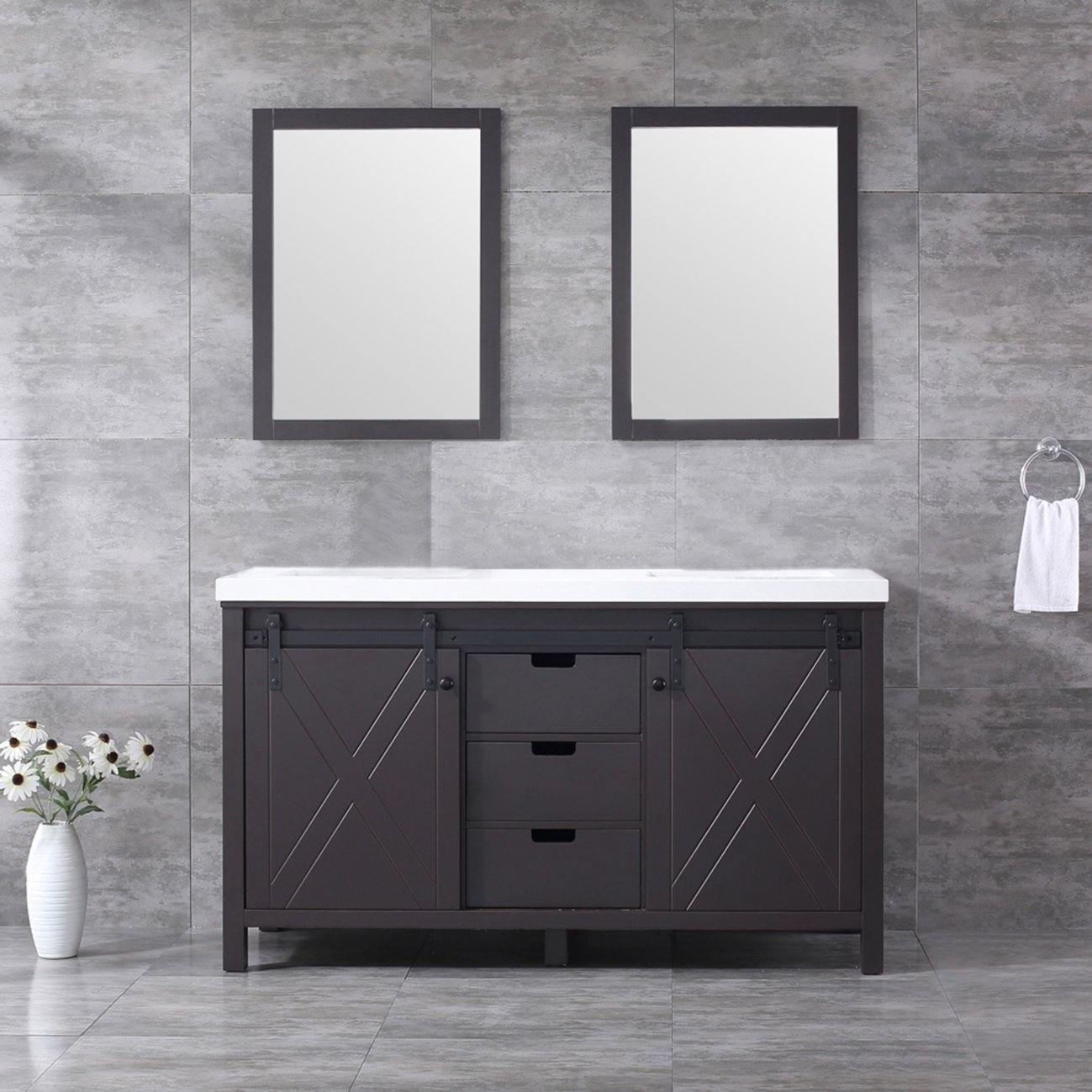 Marsyas 60" White, Dark Grey, Brown, Rustic Brown, Ash Grey Double Vanity, Available with White Carrara Marble Top and Quartz Top, White Square Sink, 24" Mirror and Faucet - The Bath Vanities