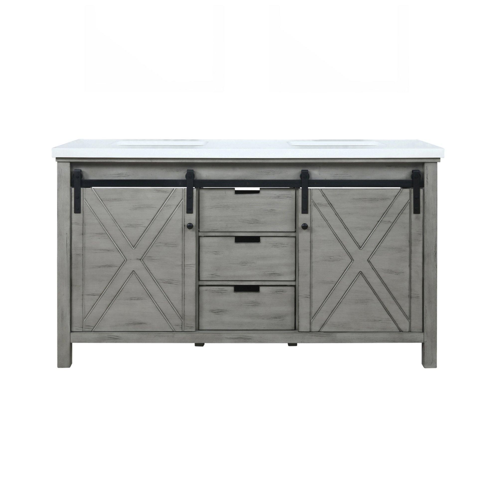 Marsyas 60" White, Dark Grey, Brown, Rustic Brown, Ash Grey Double Vanity, Available with White Carrara Marble Top and Quartz Top, White Square Sink, 24" Mirror and Faucet - The Bath Vanities