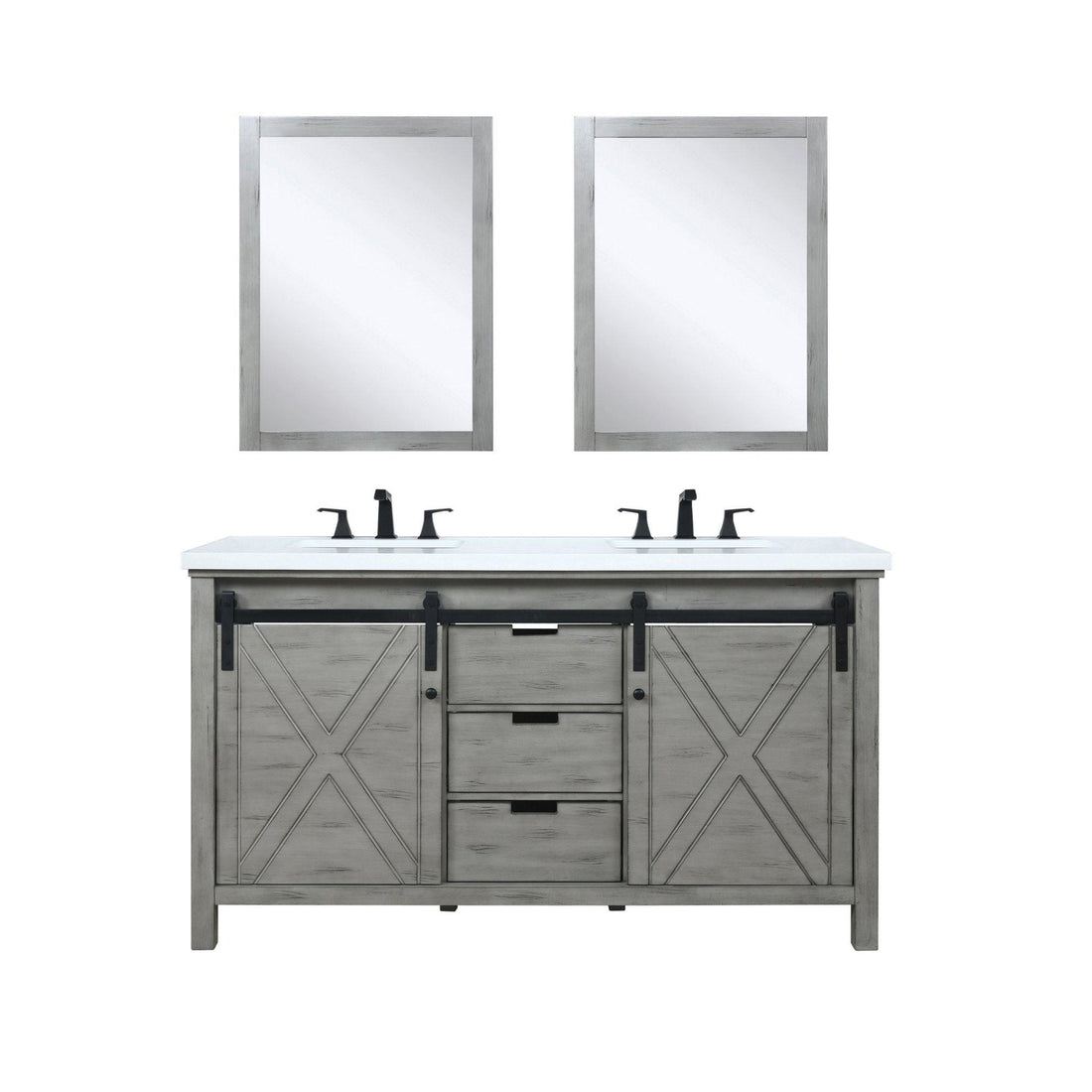 Marsyas 60" White, Dark Grey, Brown, Rustic Brown, Ash Grey Double Vanity, Available with White Carrara Marble Top and Quartz Top, White Square Sink, 24" Mirror and Faucet - The Bath Vanities