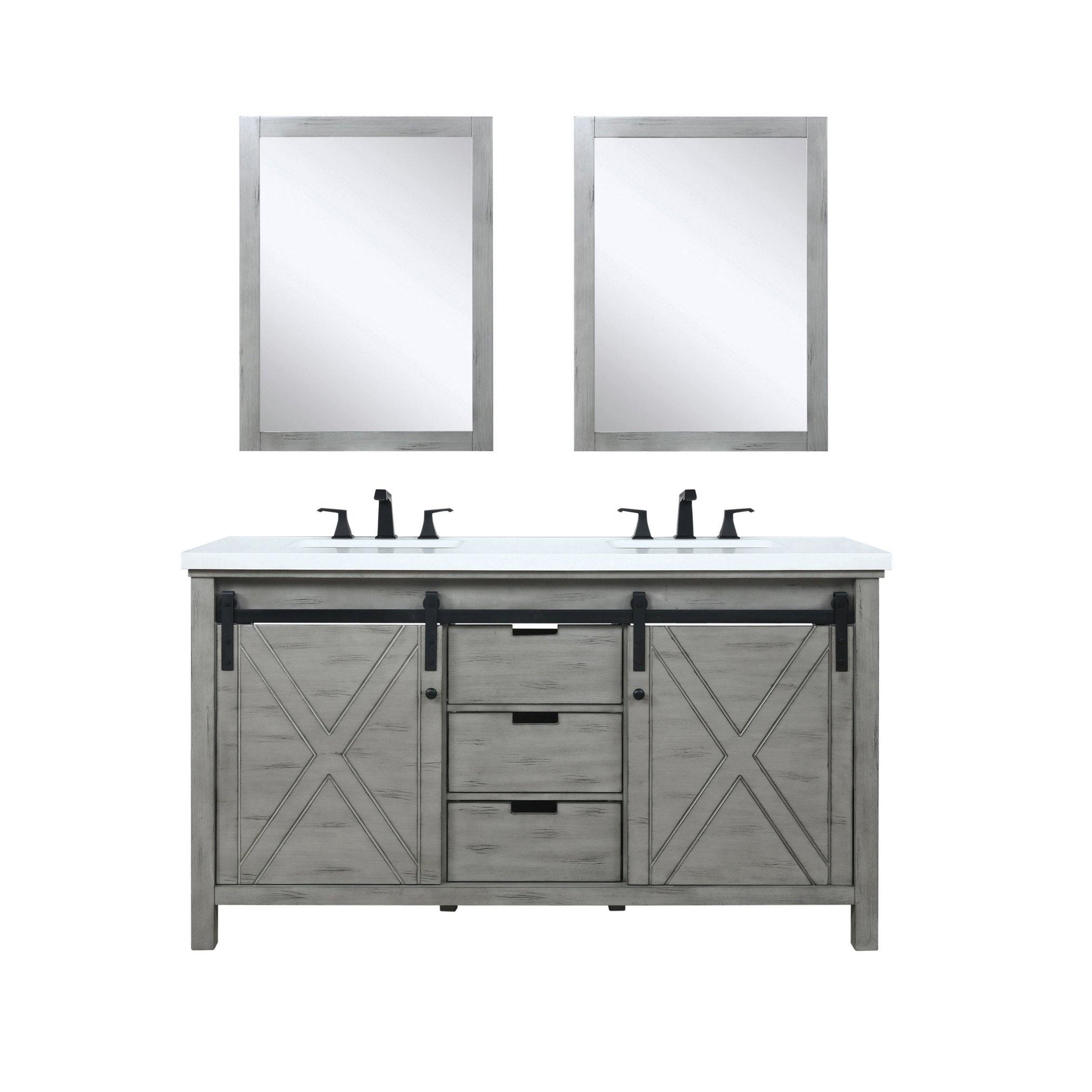 Marsyas 60" White, Dark Grey, Brown, Rustic Brown, Ash Grey Double Vanity, Available with White Carrara Marble Top and Quartz Top, White Square Sink, 24" Mirror and Faucet - The Bath Vanities