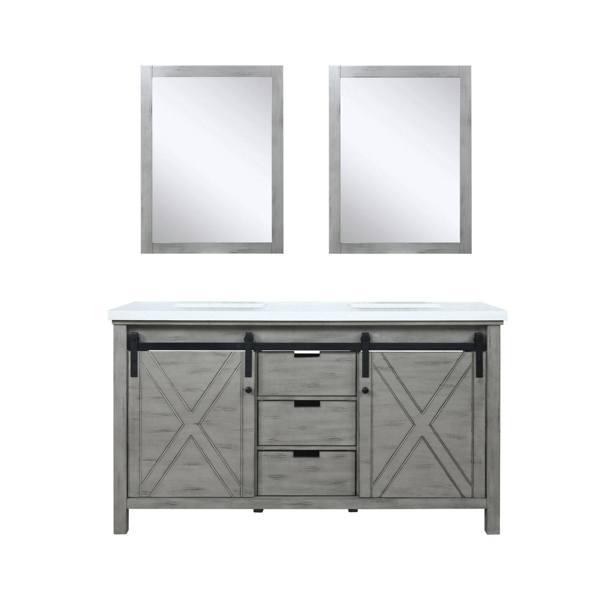 Marsyas 60" White, Dark Grey, Brown, Rustic Brown, Ash Grey Double Vanity, Available with White Carrara Marble Top and Quartz Top, White Square Sink, 24" Mirror and Faucet - The Bath Vanities