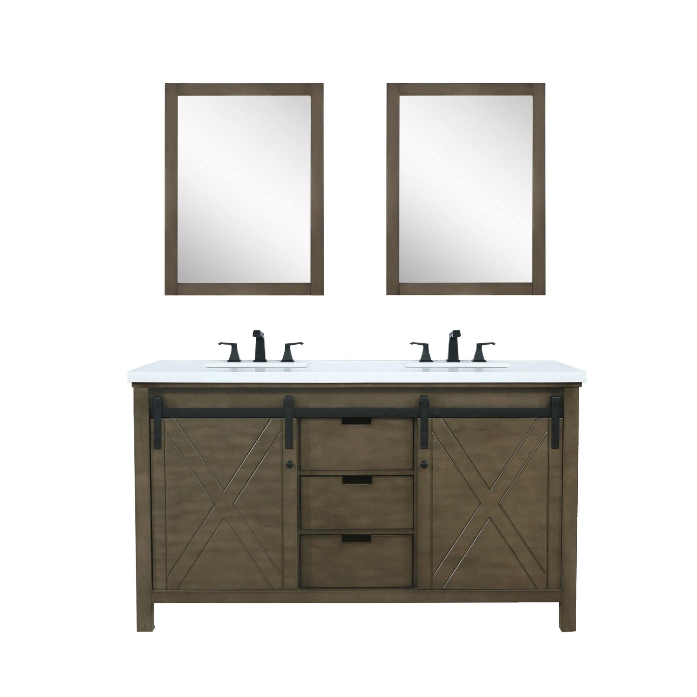 Marsyas 60" White, Dark Grey, Brown, Rustic Brown, Ash Grey Double Vanity, Available with White Carrara Marble Top and Quartz Top, White Square Sink, 24" Mirror and Faucet - The Bath Vanities