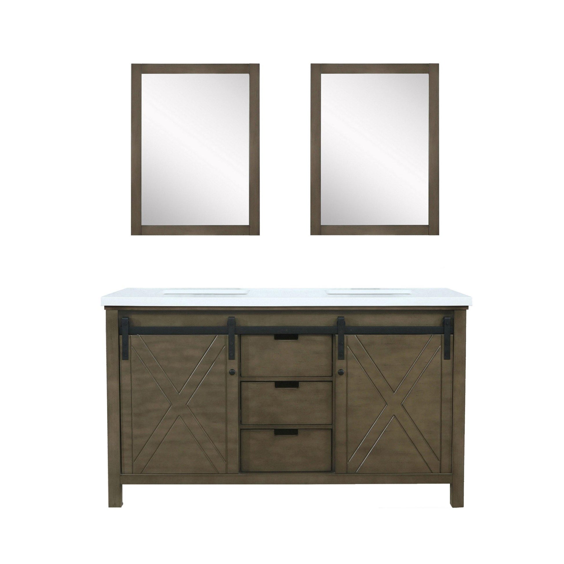 Marsyas 60" White, Dark Grey, Brown, Rustic Brown, Ash Grey Double Vanity, Available with White Carrara Marble Top and Quartz Top, White Square Sink, 24" Mirror and Faucet - The Bath Vanities