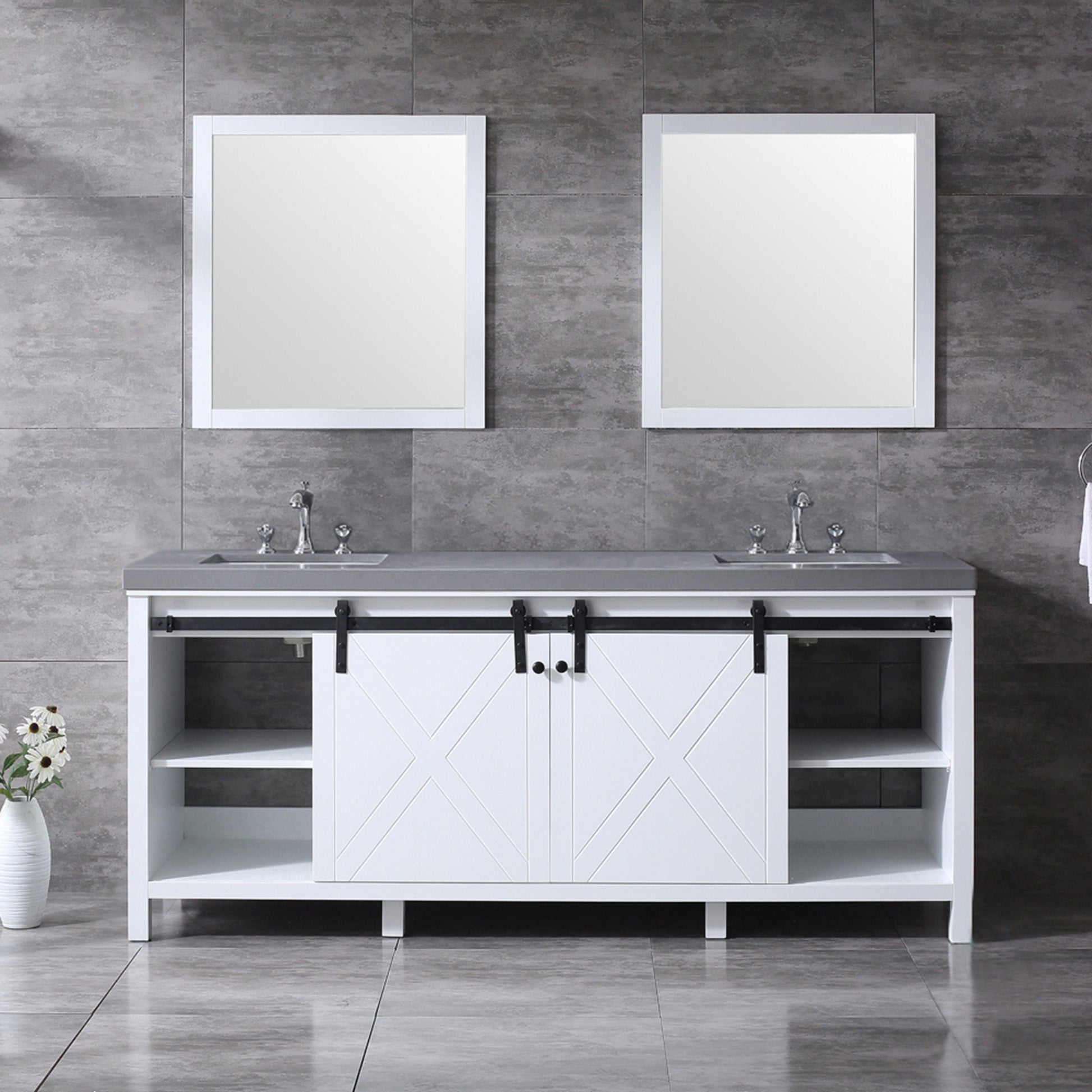 Marsyas 80" White, Dark Grey, Brown, Rustic Brown or Ash Grey Double Vanity, Available with White Carrara Marble Top and Quartz Top, White Square Sink, 30" Mirror and Faucet - The Bath Vanities