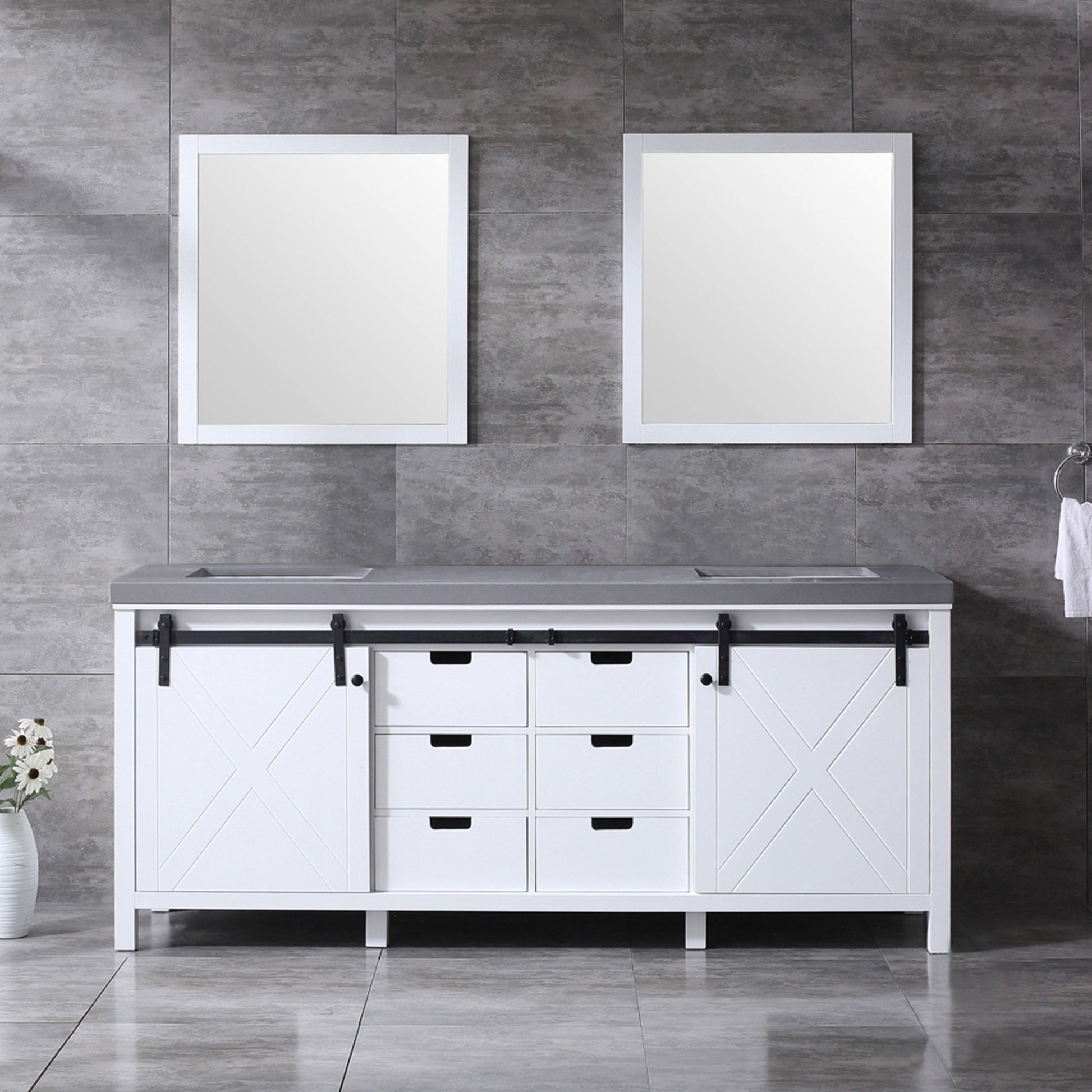 Marsyas 80" White, Dark Grey, Brown, Rustic Brown or Ash Grey Double Vanity, Available with White Carrara Marble Top and Quartz Top, White Square Sink, 30" Mirror and Faucet - The Bath Vanities