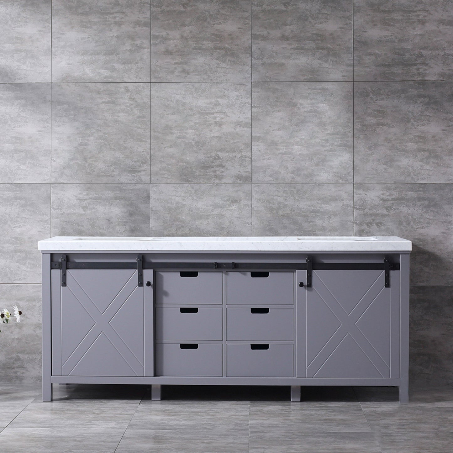 Marsyas 80" White, Dark Grey, Brown, Rustic Brown or Ash Grey Double Vanity, Available with White Carrara Marble Top and Quartz Top, White Square Sink, 30" Mirror and Faucet - The Bath Vanities