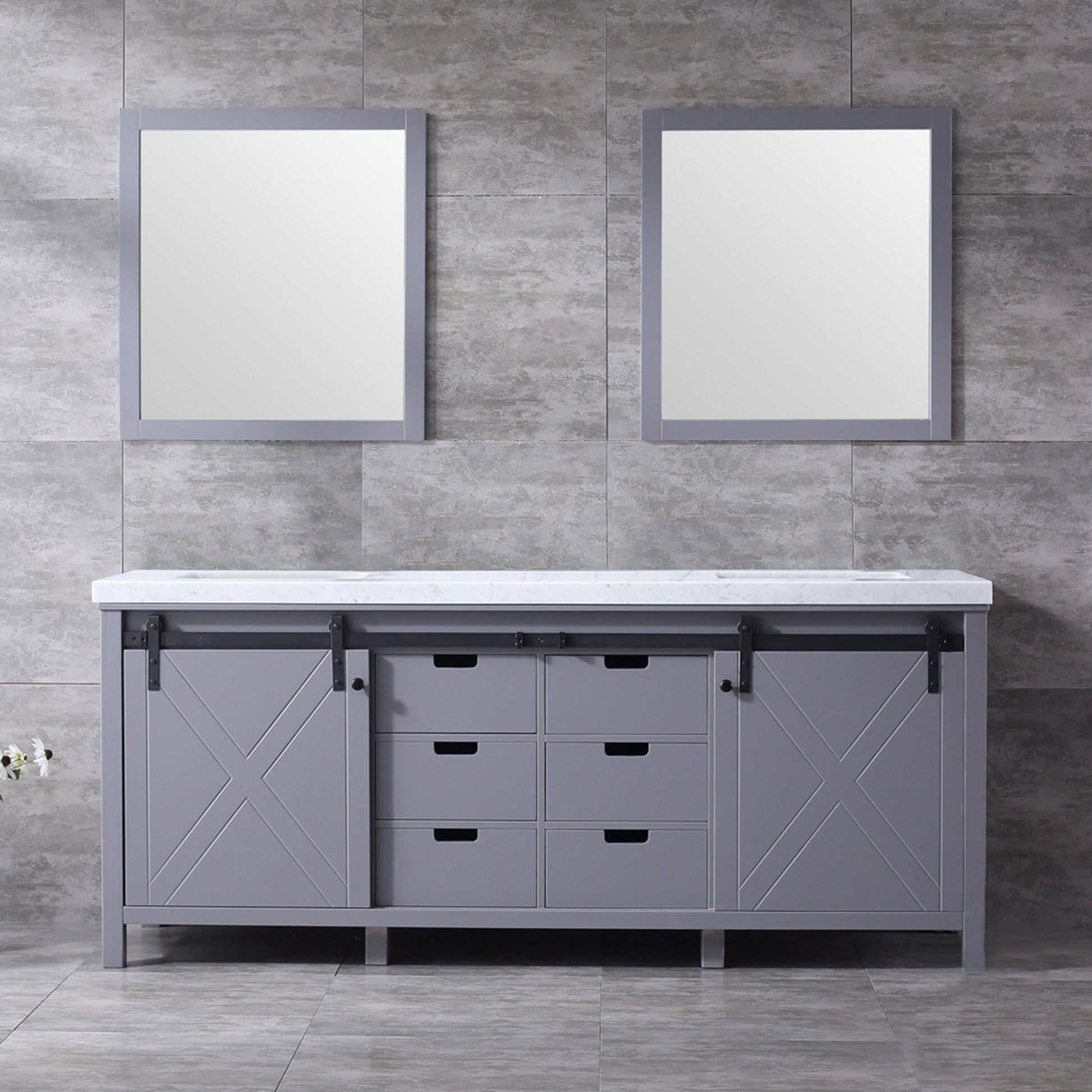 Marsyas 80" White, Dark Grey, Brown, Rustic Brown or Ash Grey Double Vanity, Available with White Carrara Marble Top and Quartz Top, White Square Sink, 30" Mirror and Faucet - The Bath Vanities