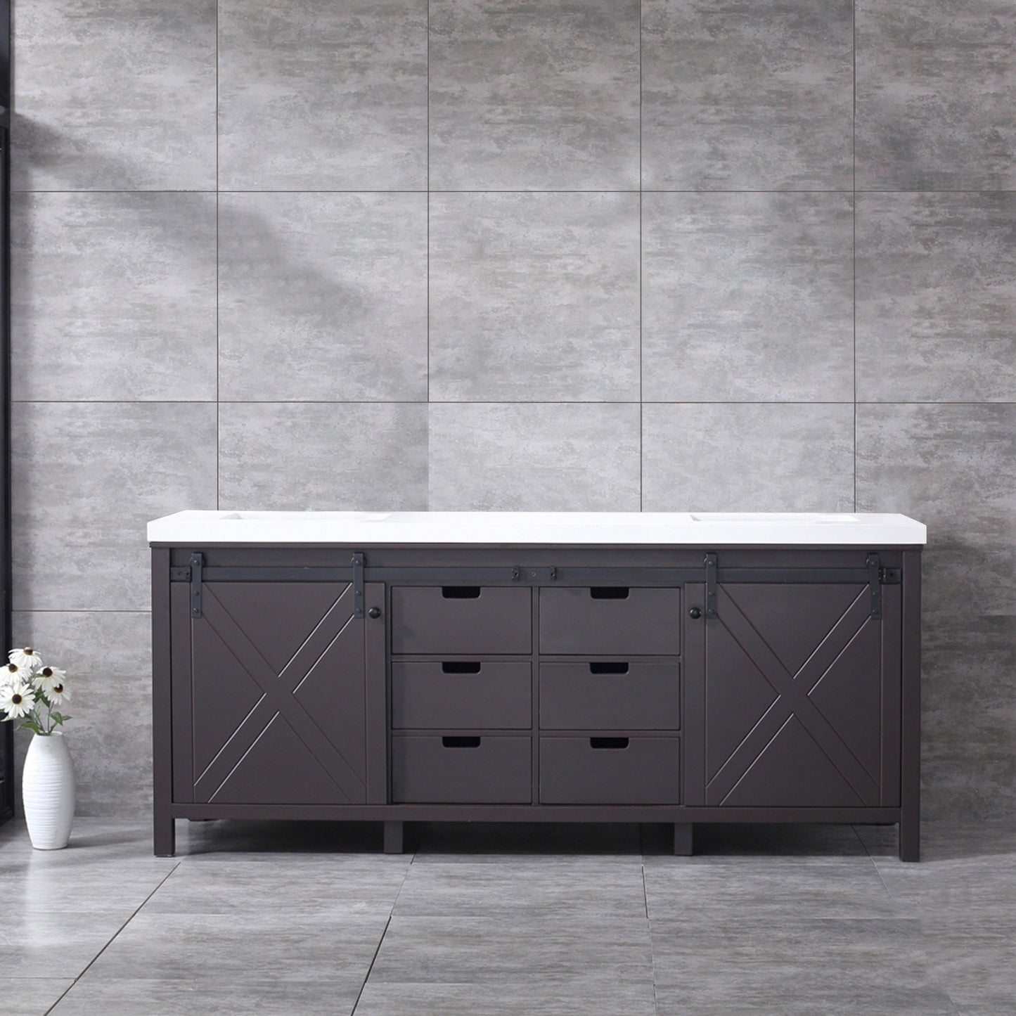 Marsyas 80" White, Dark Grey, Brown, Rustic Brown or Ash Grey Double Vanity, Available with White Carrara Marble Top and Quartz Top, White Square Sink, 30" Mirror and Faucet - The Bath Vanities